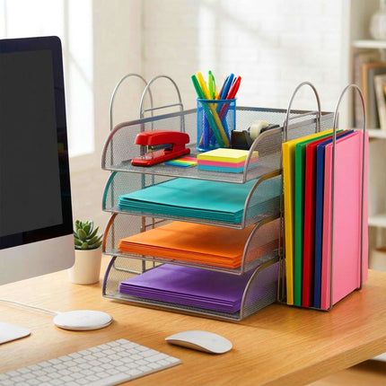 Metal Mesh Document Tray, 4 A4 Compartments, Stackable