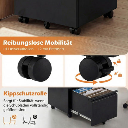 Metal Mobile File Cabinet with Lock, 2 Drawers, Black