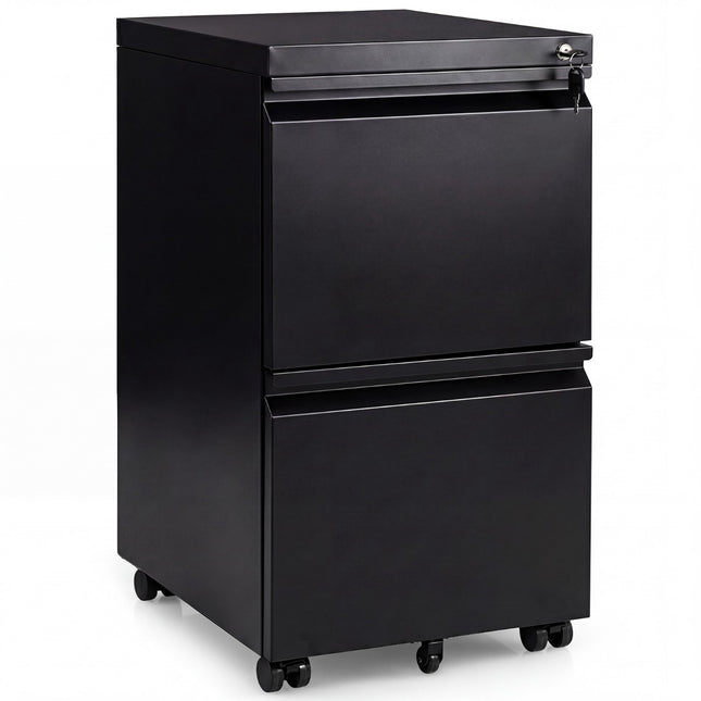 Metall Rollcontainer mit Schloss, 2 Schubladen, Schwarz