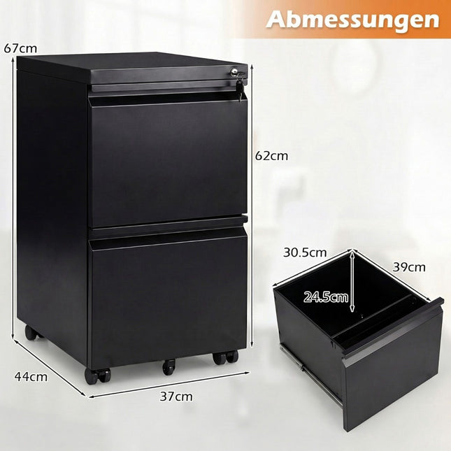 Metall Rollcontainer mit Schloss, 2 Schubladen, Schwarz