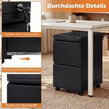Metal Mobile File Cabinet with Lock, 2 Drawers, Black