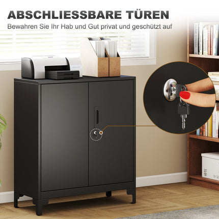 Metal Office Cabinet, Lockable Doors, 2-Tier, Black