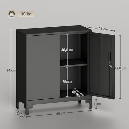 Metal Office Cabinet, Lockable Doors, 2-Tier, Black