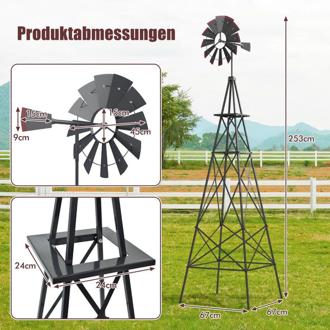 Windrad aus Metall mit 4 Stützbeinen, wetterfeste Windmühle für Garten und Hof, 67 x 67 x 253 cm, Grau
