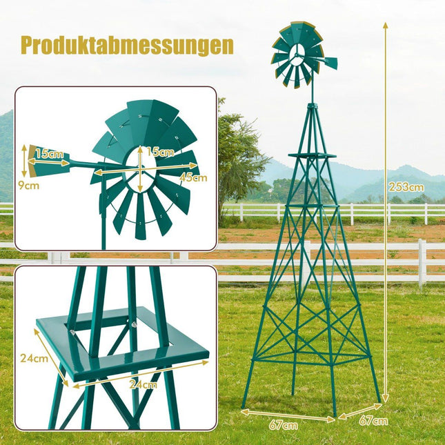 Windrad aus Metall mit 4 Stützbeinen, wetterfestes Windrad für Garten und Hof, 67 x 67 x 253 cm, Grün