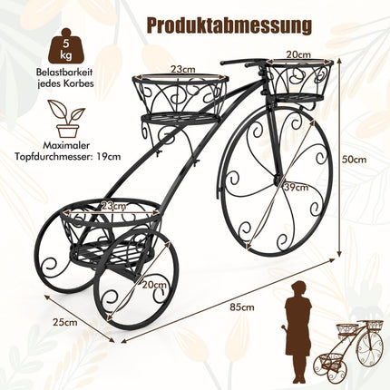 Metall-Pflanzenständer im Fahrrad-Design, 3 Körbe, Schwarz