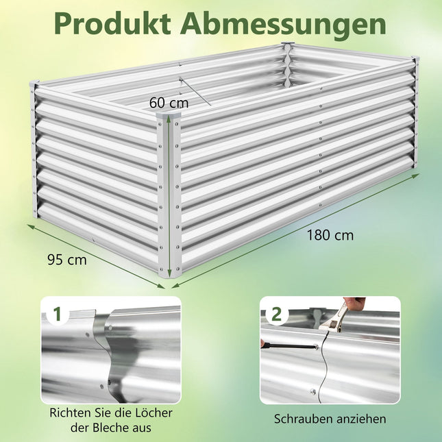 Hochbeet aus Metall, 180x95x60 cm, offener Boden