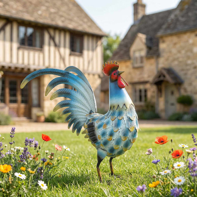 Metal Rooster Garden Statue, 41 cm, Multicolor, Anchors