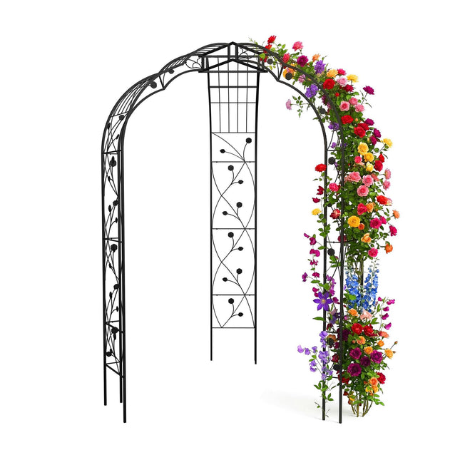 Metal Rose Arch, Black Garden Trellis With Leaf Motif