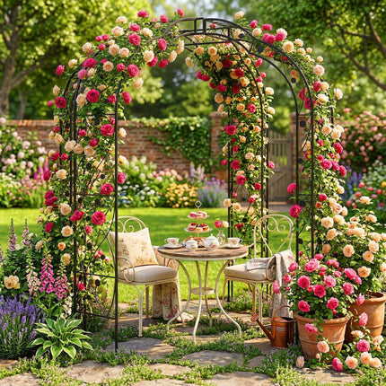 Metal Rose Arch, Black, Leaf And Flower Motif