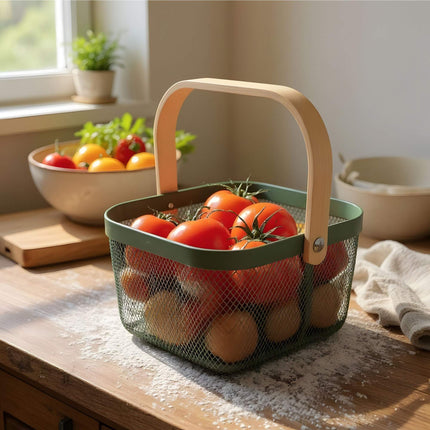 Metal Storage Basket with Wooden Handle