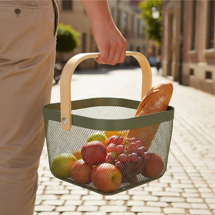Metal Storage Basket with Wooden Handle