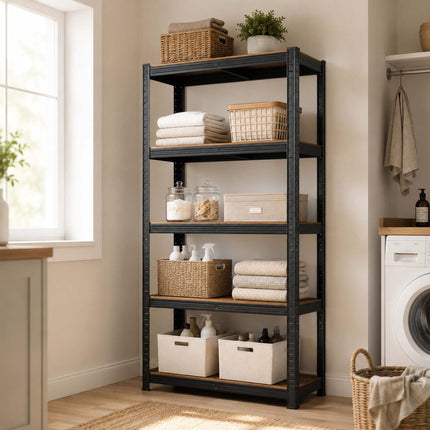 Metal Storage Rack with 5 Wood-Effect Shelves, 500 kg Load, Black, Brown