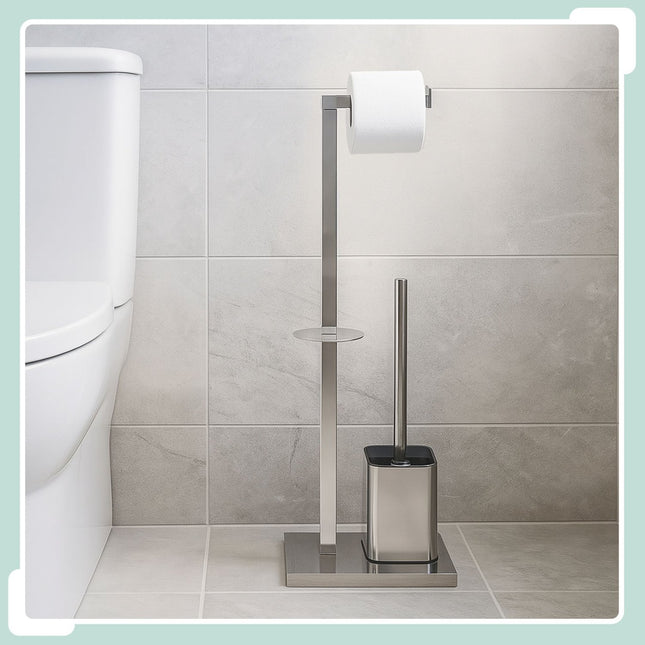 Metal Toilet Roll Holder with Brush and Storage