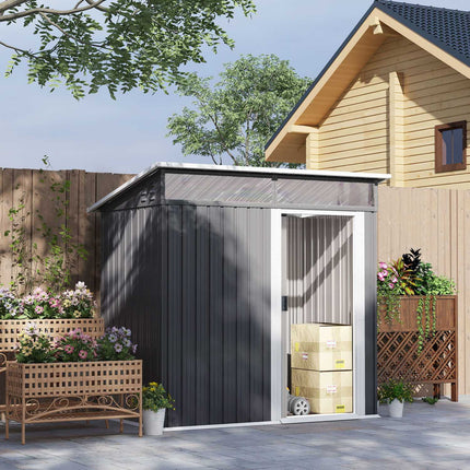 Abri de jardin en métal 1,9 m² 195 x 122 x 182 cm Abri de jardin avec fondations Toit en pente Fenêtre Porte coulissante Crochet Gants Abri de jardin résistant aux intempéries Abri de jardin extérieur pour jardin arrière Gris foncé |