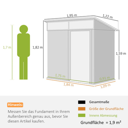 Abri de jardin en métal 1,9 m² 195 x 122 x 182 cm Abri de jardin avec fondations Toit en pente Fenêtre Porte coulissante Crochet Gants Abri de jardin résistant aux intempéries Abri de jardin extérieur pour jardin arrière Gris foncé |