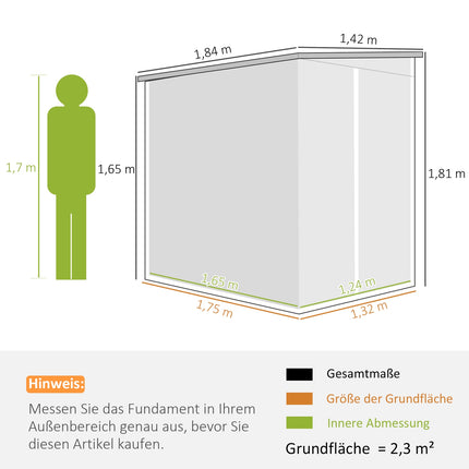 Metalen gereedschapsschuur 2,3m² 142x184x181cm Gereedschapsschuur met fundering Lessenaarraam Afsluitbare deurhandschoenen Weerbestendige tuinschuur Buitentuinschuur voor tuin Achtertuin Lichtgrijs |