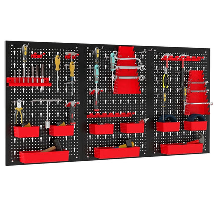 Metal Tool Wall with 9 Storage Boxes & Holders, Red