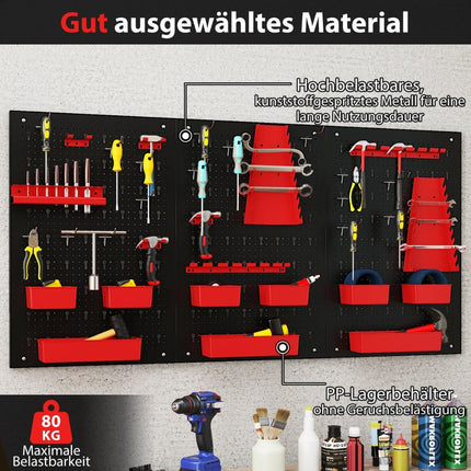 Metal Tool Wall with 9 Storage Boxes & Holders, Red