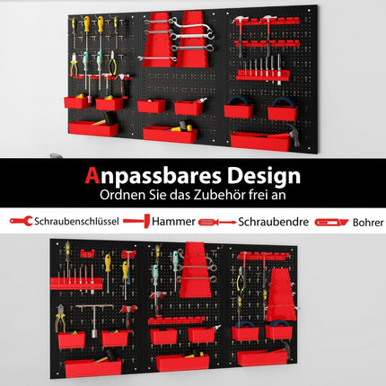 Metal Tool Wall with 9 Storage Boxes & Holders, Red