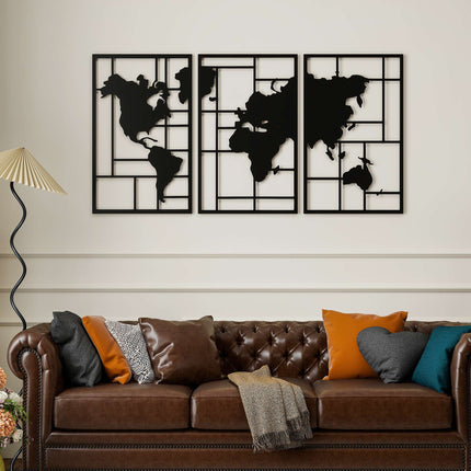 Kovová nástěnná dekorace, sada 3 ks – mapa světa, 50x80 cm, černá