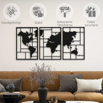 Kovová nástěnná dekorace, sada 3 ks – mapa světa, 50x80 cm, černá