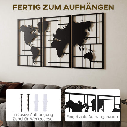 Kovová nástěnná dekorace, sada 3 ks – mapa světa, 50x80 cm, černá