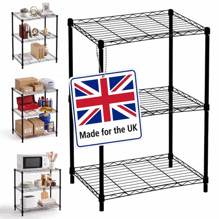 Metal Wire Shelving Unit with 3 Tiers and Levelling Feet, Black, 84 cm