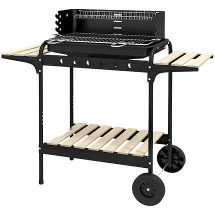 Barbecue à charbon de bois en métal BBQ fumoir avec roulettes, grille de cuisson réglable en hauteur, étagère en bois, chariot de barbecue mobile barbecue à charbon de bois, barbecue à charbon de bois pour barbecue camping, terrasse, 103x47x95 cm Aosom