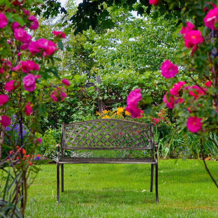 Gartenbank aus Metall in Schwarz und Bronze