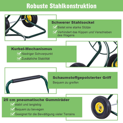 Metall Schlauchwagen mit 2 Luftreifen &amp; Kurbel für 61M 3/4" Schlauch Gartenschlauchwagen grün
