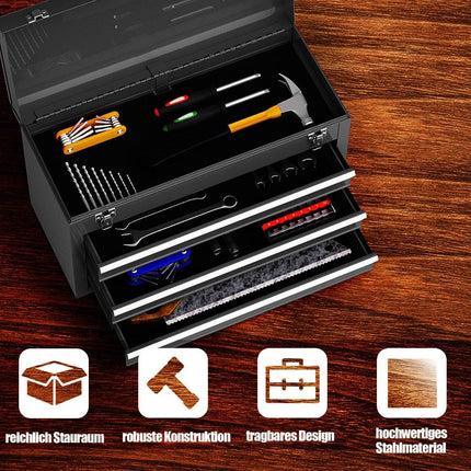 Metal tool box with 3 drawers & top compartment tool box 52 x 21 x 30 cm black