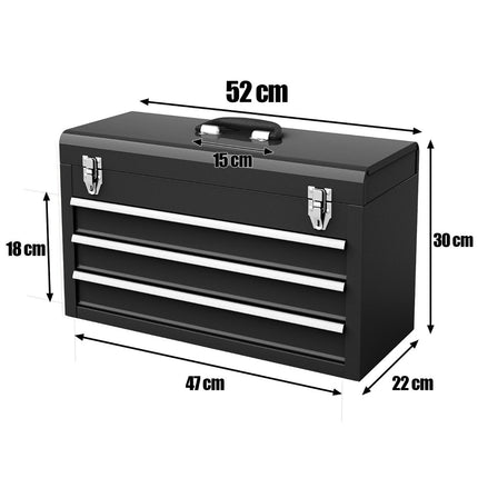 Metal tool box with 3 drawers & top compartment tool box 52 x 21 x 30 cm black