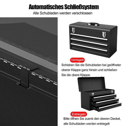 Metal tool box with 3 drawers & top compartment tool box 52 x 21 x 30 cm black