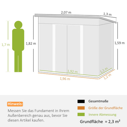 Kovový domek na nářadí 2.3 m², 207 x 130 x 182 cm, s pultovou střechou, oknem a podlahovým rámem, černá