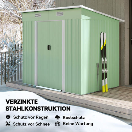 Kovový domek na nářadí 2.3 m², 207 x 130 x 182 cm, s pultovou střechou, oknem a podlahovým rámem, zelená
