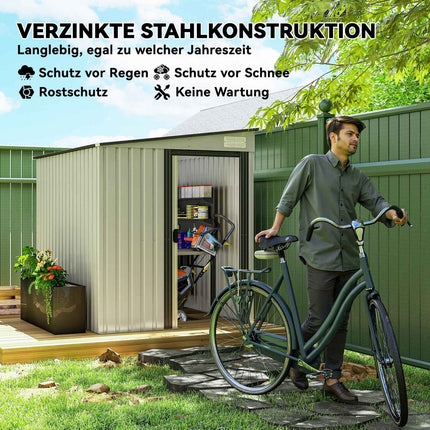 Kovový domek na nářadí 2.81m², 154x206.5x181 cm, s pultovou střechou a základnou