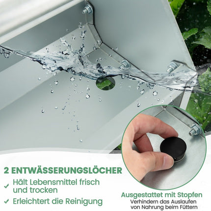 Metalltrog für Hühnerfutter-Körnerspender aus verzinktem Metall mit Ablauflöchern und drehbarem Griff