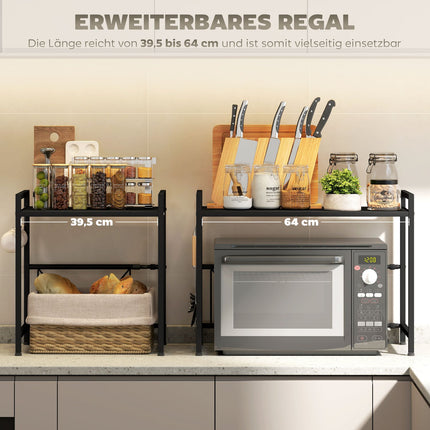 Mikrowellenregal, Metall, ausziehbar, 3 Haken, Schwarz
