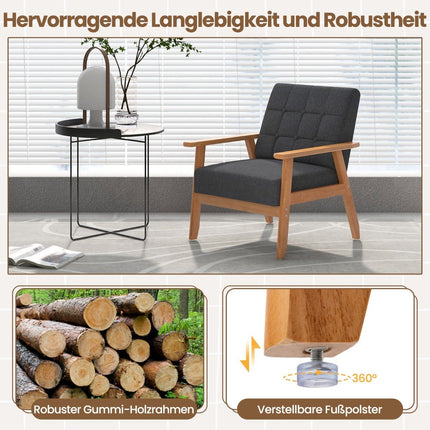 Mid-Century Modern Accent Chair, Linen Upholstery, Rubberwood Frame