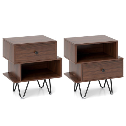 Mid-Century Nightstand Set with Drawer & Open Shelf