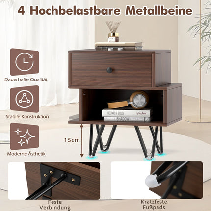 Mid-Century Nightstand Set with Drawer & Open Shelf