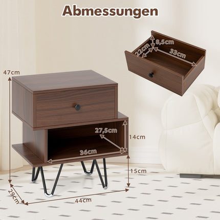 Mid-Century Nightstand Set with Drawer & Open Shelf