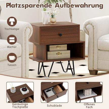 Mid-Century Nightstand Set with Drawer & Open Shelf
