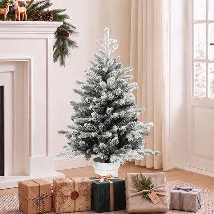 Mini Christmas Tree 90 cm with 296 Tips and Snow Effect, Green, White Pot