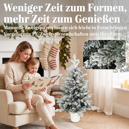 Mini Christmas Tree 90 cm with 296 Tips and Snow Effect, Green, White Pot