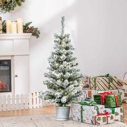 Mini Christmas Tree 90 cm with 60 LEDs and Artificial Snow, Green, White