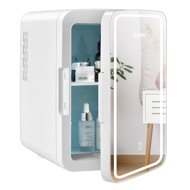 Mini-Kühlschrank, 10 l, tragbarer Kühlschrank mit LED-Spiegel, 23 x 28 x 34 cm, Weiß
