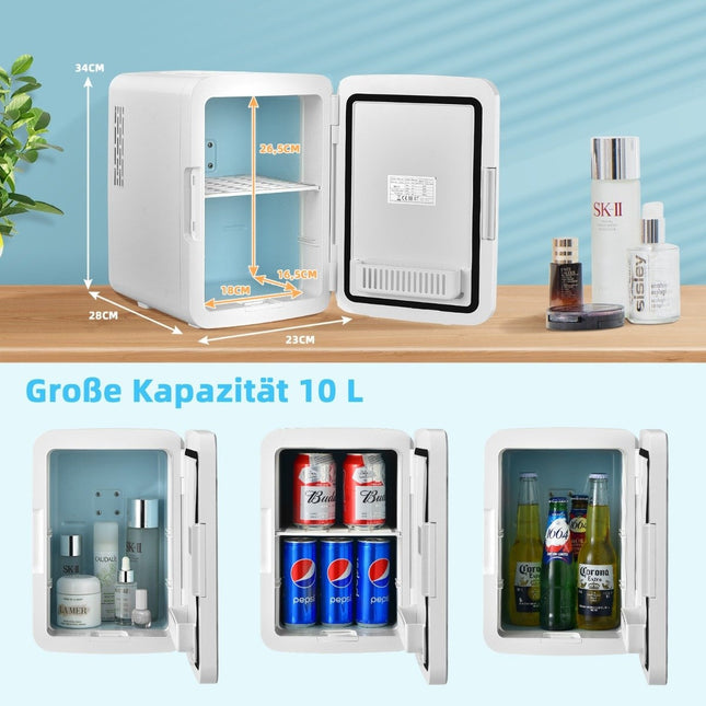 Mini-Kühlschrank, 10 l, tragbarer Kühlschrank mit LED-Spiegel, 23 x 28 x 34 cm, Weiß
