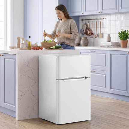 Mini Fridge with Freezer Compartment 90 L, 2 Doors, Adjustable Thermostat, White